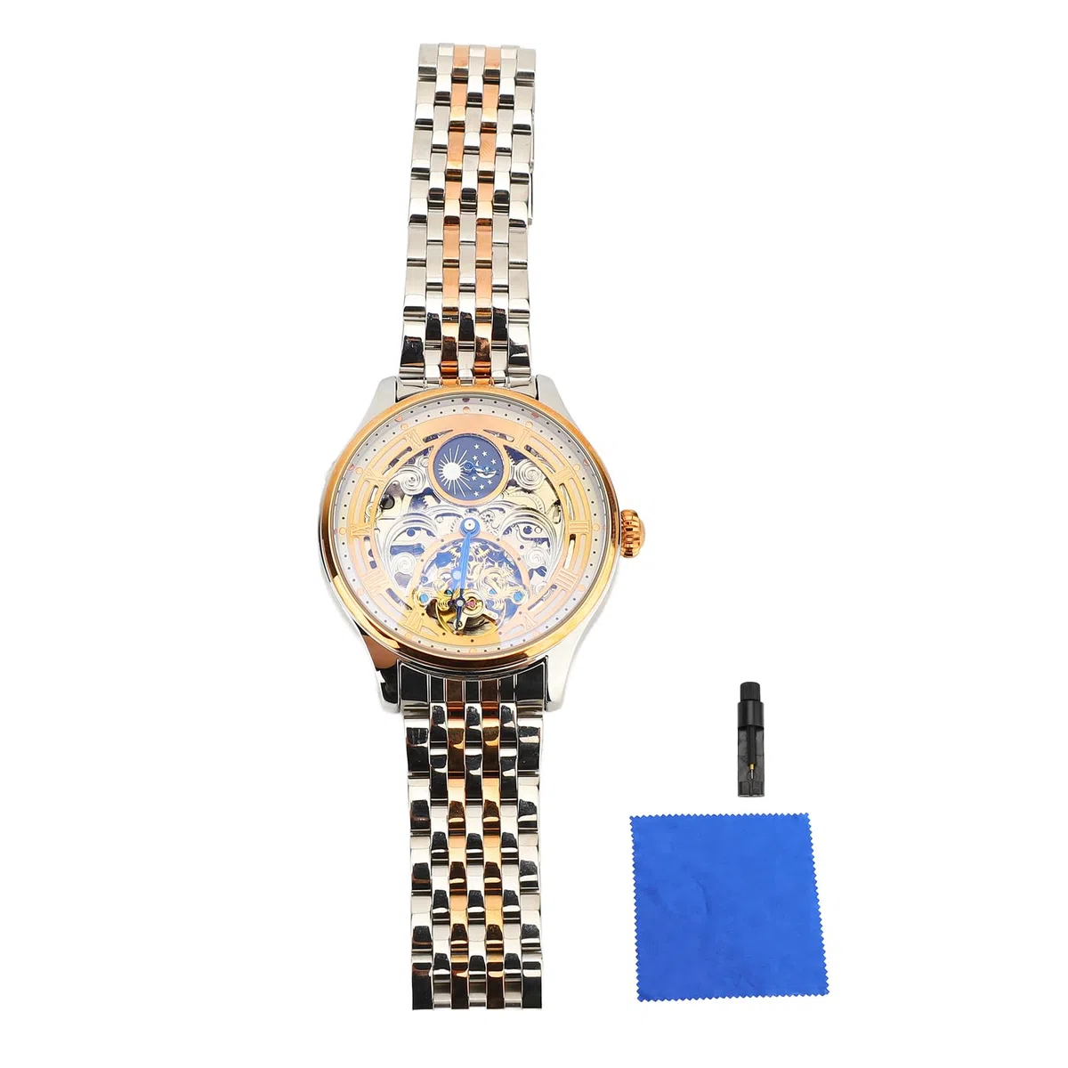 Reloj Automático Esqueleto de Lujo para Hombre con Fase Lunar Tourbillon, Reloj de Pulsera Mecánico