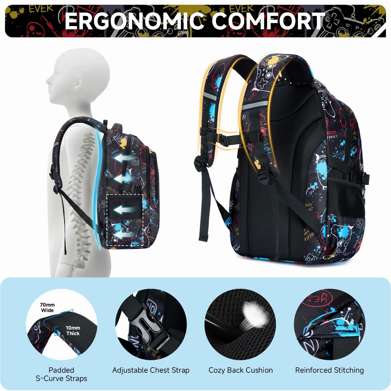 Amythe Mochila Escolar para Niños Adolescentes, Luminosa Nocturna 4 Piezas | Set Completo con Bolso Pecho, Bolsa Almuerzo & Estuche - Mochila Casual para Chicos - Impermeable para Cole Ocio, Negro