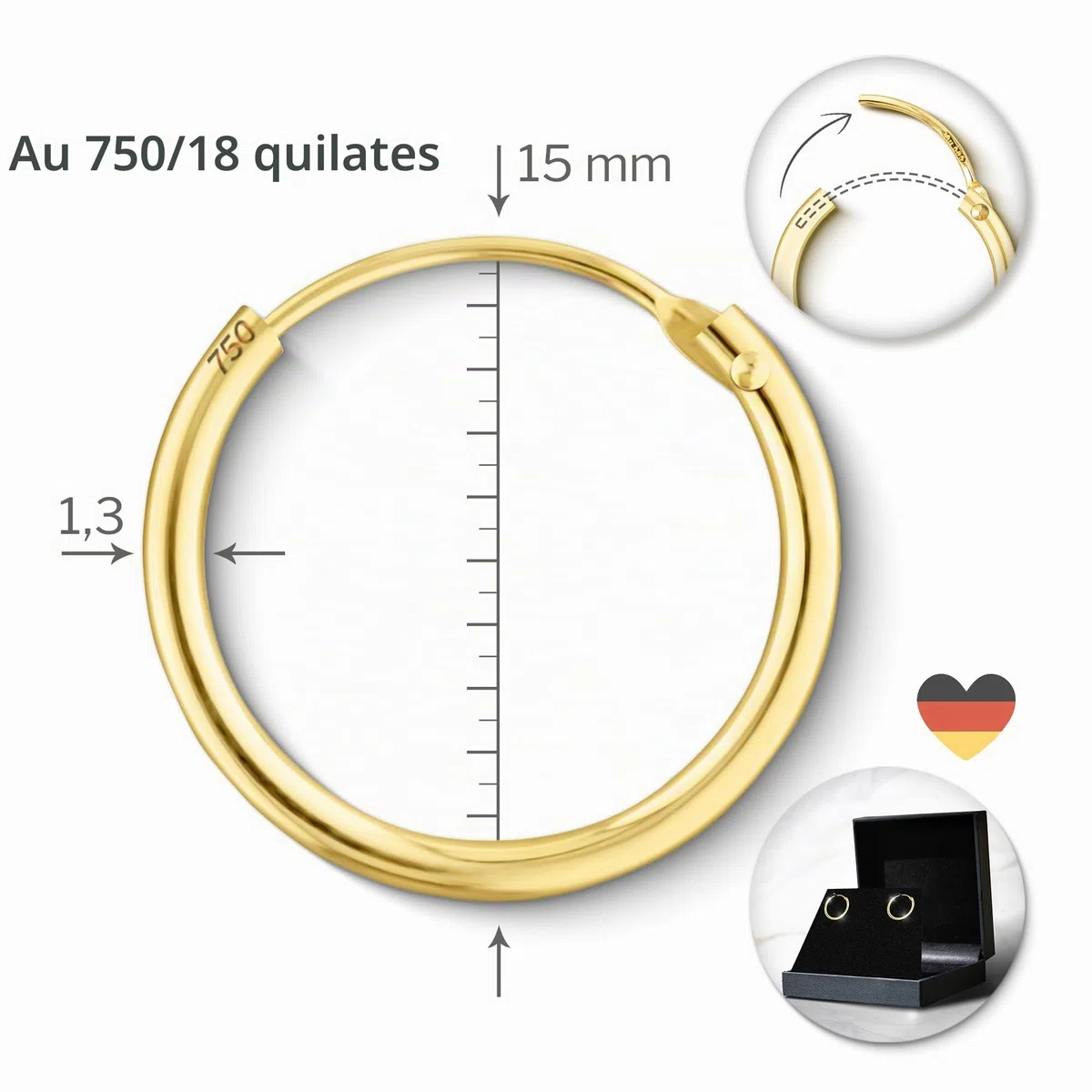 Aritos de oro pequeños finos 15mm 8k 9k 14k 18k Oro amarillo ancho 1.3mm Pendientes de Aro Mujer Niña Hombre Aros de oro Con caja de regalo de joyería
