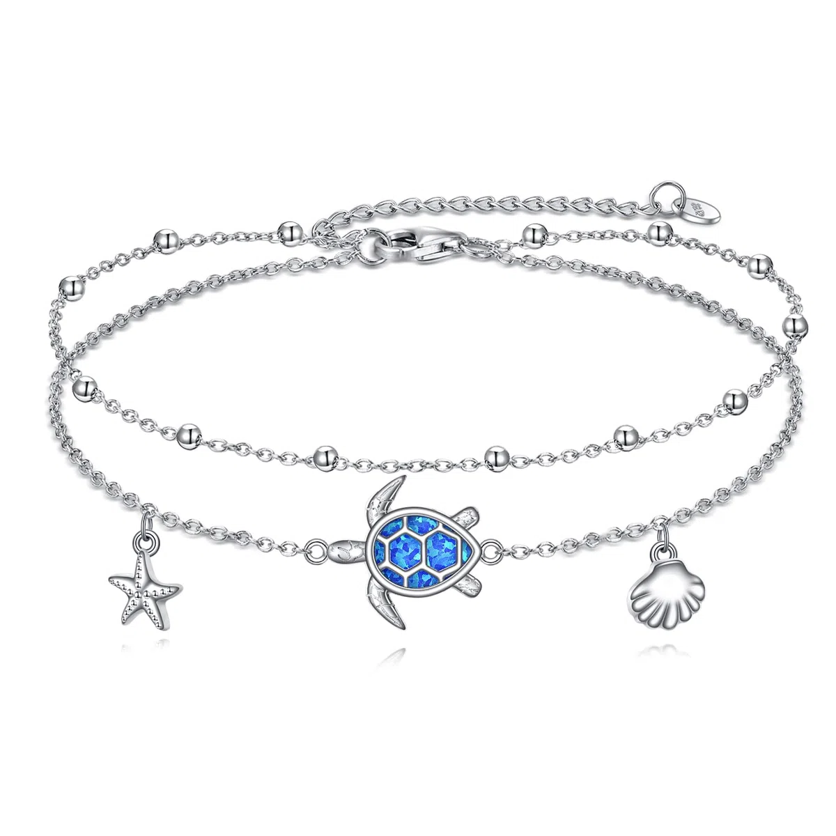 DAYLINLOVE Tobillera de tortuga de plata de ley 925 con estrella de mar, concha de mar, pulsera de tobillo ajustable para mujer, 9+2, Plata de ley, No es una piedra preciosa