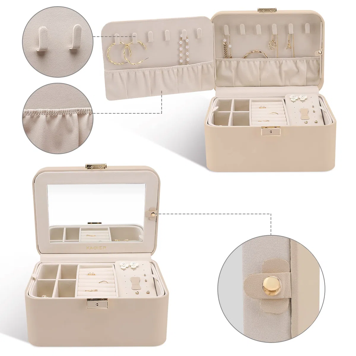 Joyero mejorado, organizador de joyas de piel sintética de 2 capas para mujer con cerradura y espejo, gancho oculto para collar y divisor extraíble, joyero de viaje de gran capacidad, ideal para