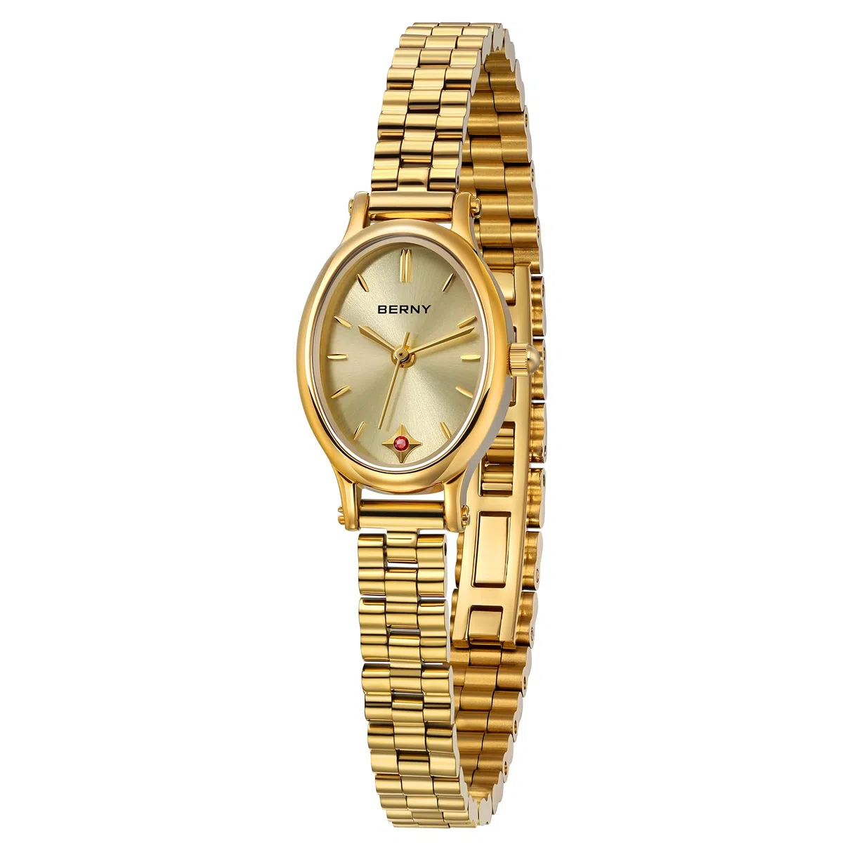BERNY Relojes de Oro para Mujer Reloj Oval Vintage Movimiento de Cuarzo Reloj de Pulsera de Moda para Damas
