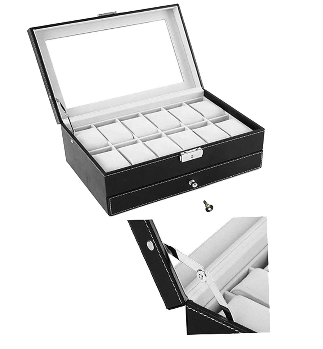AUTOARK Caja para de relojes con 12 Compartimientos,Cajón joyería con cerradura,Cuero sintético,Tapa de Vidrio,Negro,AW-001