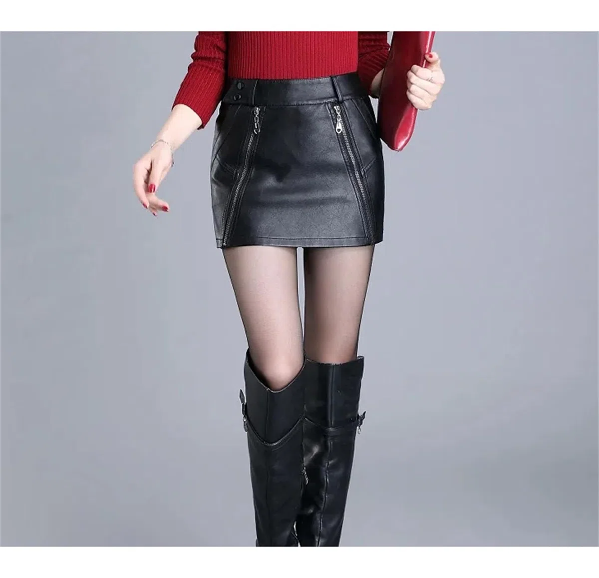 Falda de Cuero sintética Sexy para Mujer Minifalda Corta de Cintura Alta con Forma de Cadera Falda Corta con Cremallera para Fiesta y Club,Negro-Medio