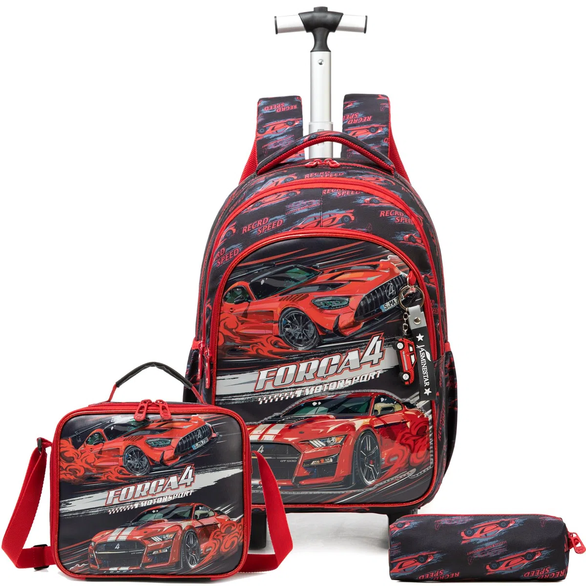Mochilas Escolares con Coches Ruedas Carro Niño 17" 3PCS Mochila Carrito para Trolley Escolar Bolso de Viaje Estuche Stitch Chicos Maleta Colegio Grande Medianas Infantil Niños Rojo