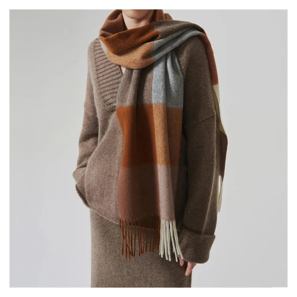 100% Bufanda de Lana de Cordero for Hombre y Mujer, Chal térmico Suave de Lana Pura for Invierno y otoño, Bufanda clásica Simple con borlas for Hombre y Mujer(WJ1089-shenhui15)