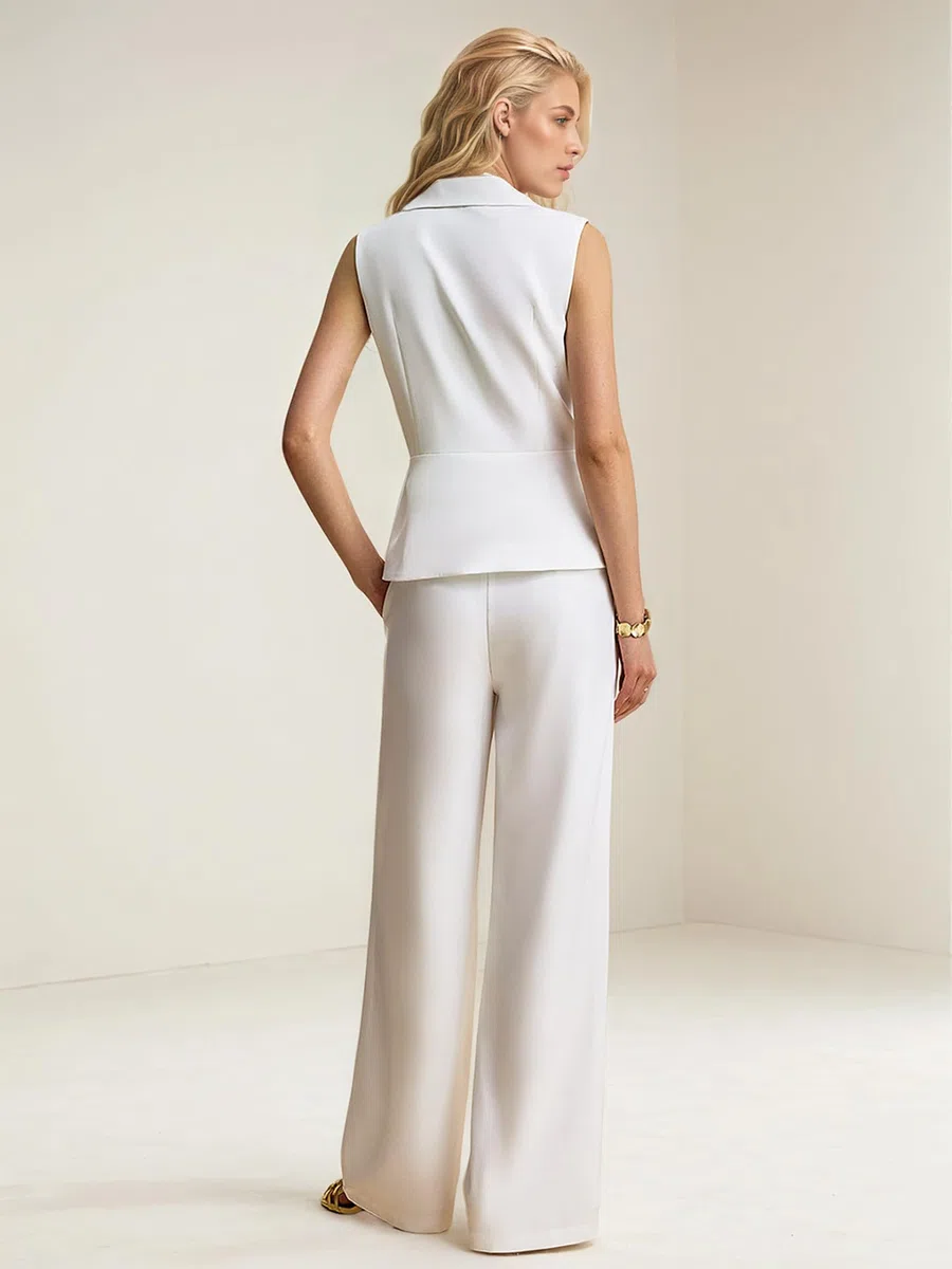 Conjunto De Traje De Oficina De 2 Piezas para Mujer, Blazer Formal, Chaleco Y Pantalones, Túnica Blanca Con Solapa Y Botones, Camiseta Sin Mangas, Pantalones De Pierna Ancha, Conjuntos De