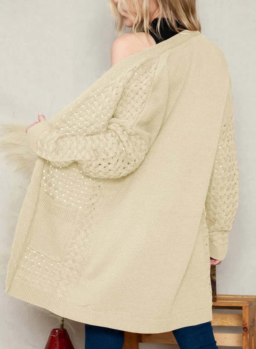 Chaqueta larga de punto para mujer, chaqueta de punto frontal abierta, abrigo con bolsillos, ropa exterior holgada informal para uso diario, beige, L