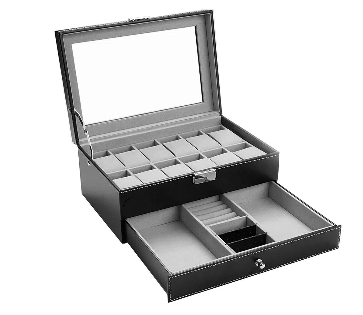 AUTOARK Caja para de relojes con 12 Compartimientos,Cajón joyería con cerradura,Cuero sintético,Tapa de Vidrio,Negro,AW-001