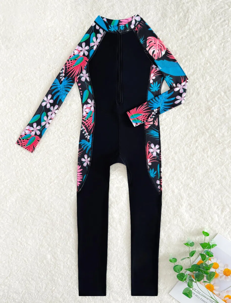IMEKIS Traje de baño de una pieza para niñas y niñas, manga larga, estampado floral, con cremallera, UPF 50+, protección contra erupciones, modesto, cuerpo completo, traje de baño para deportes
