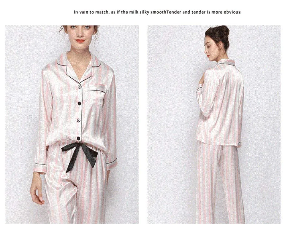 Pijamas De Mujer,Pijamas De Satén De Seda Sexy Con Cuello En V Rayas Rosas Manga Larga Con Botones Ropa De Dormir Ropa De Dormir Conjuntos De Pijamas Finos Y Suaves Ropa De Hogar Informal,Rosa,S