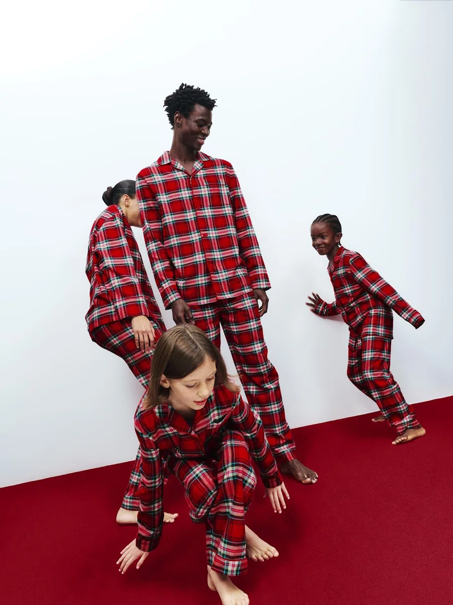 Marks & Spencer Conjunto de Pijama Navideño Familiar de Cuadros de Algodón Puro para Hombre, Ajuste Normal, Cintura con Cordón, con Bolsillos