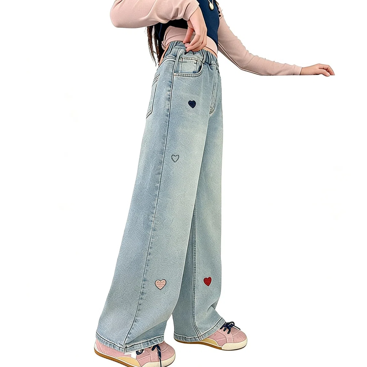 Pantalones vaqueros para niñas de 5 a 14 años con cintura elástica y pierna ancha