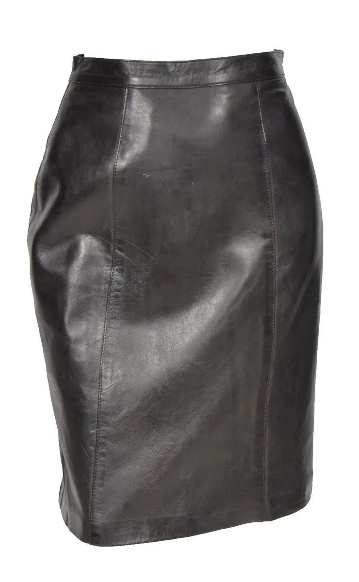 House Of Leather Mujer Cuero Real Longitud de Rodilla Falda Lápiz 22 Pulgadas Club Oficina Ropa Casual SKT1 Negro