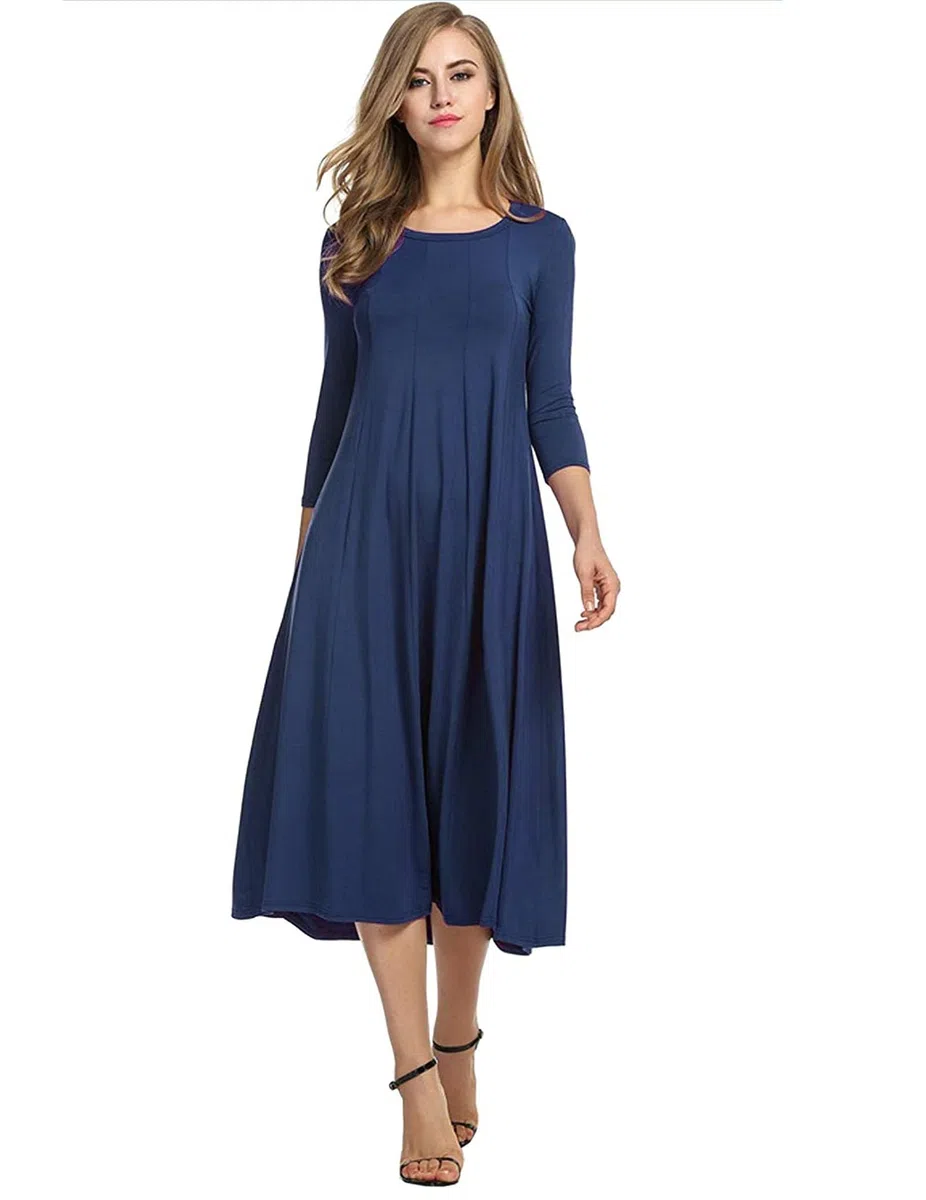 Hotouch Dress Women Elegant Casual Dresses 3/4 Sleeve A Line Mididress Classic Round Neck Tunic with Pockets