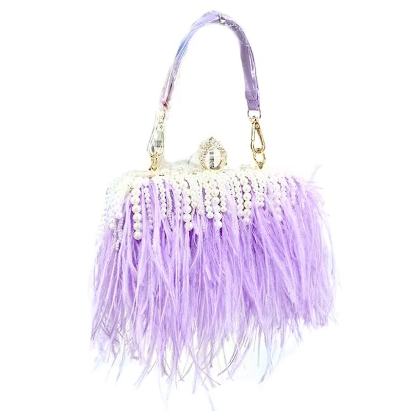 Bolso De Noche De Plumas Bolso de Mano Rosa for Mujer, Bolso de Mano con Perlas, Bolso de Boda for Mujer, Bolso de Hombro con Plumas(Purple)