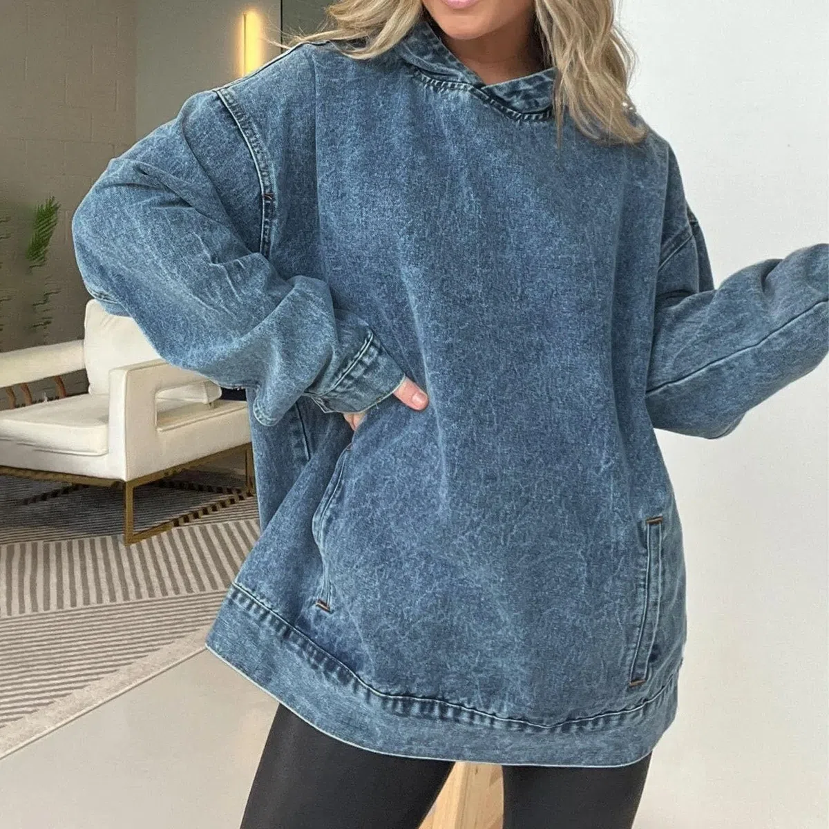 Sudadera Vaquera con Capucha, Holgada, Elegante, Informal y versátil