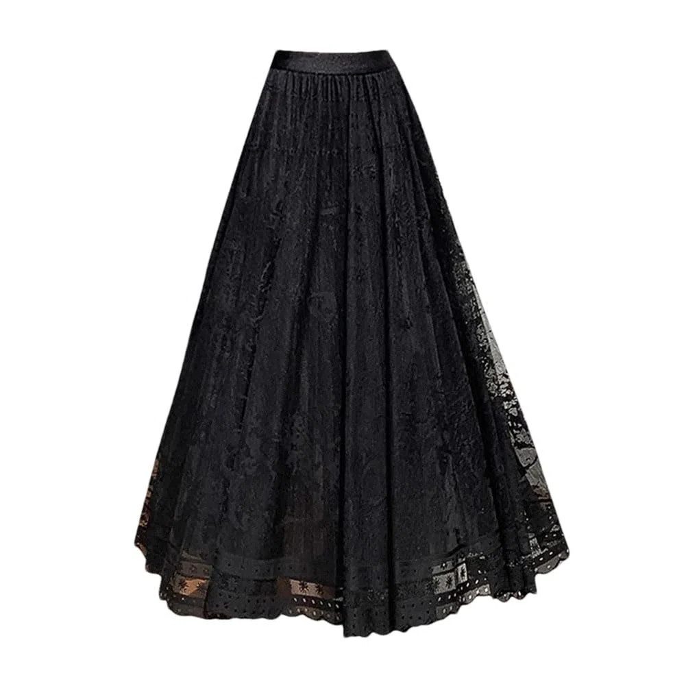 Faldas largas de encaje bordado vintage francés para mujer, de cintura alta, plisadas, para fiesta