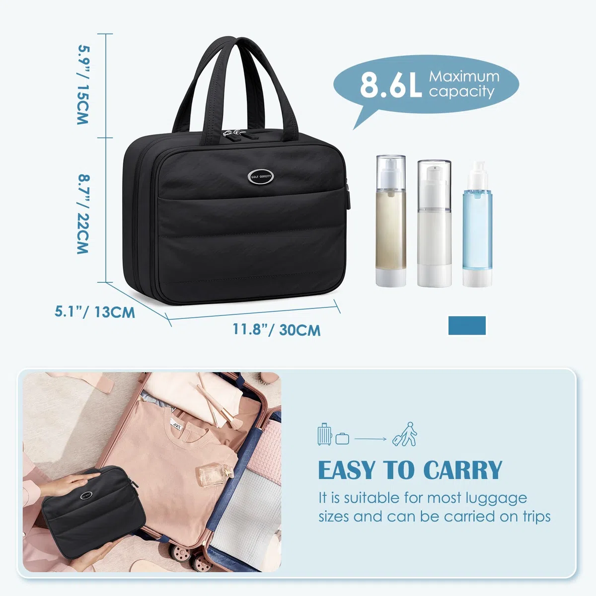 Neceser de Viaje con Organizado rde Cosmético, Bolsa de Aseo Colgante para Artículos de Tocador, Bolsa de Maquillaje Hinchada, Negro, 8.6L