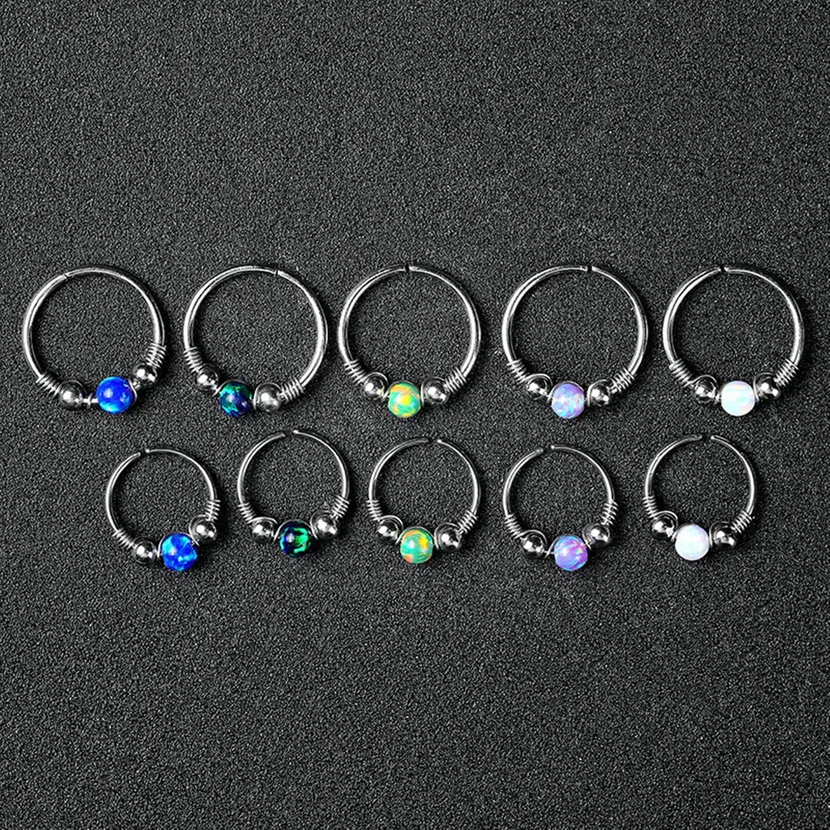 10 anillos de nariz para mujer y hombre, anillos de nariz de 20 g, aro de acero inoxidable con ópalo y cuentas de 8 mm, 10 mm, piercing de nariz