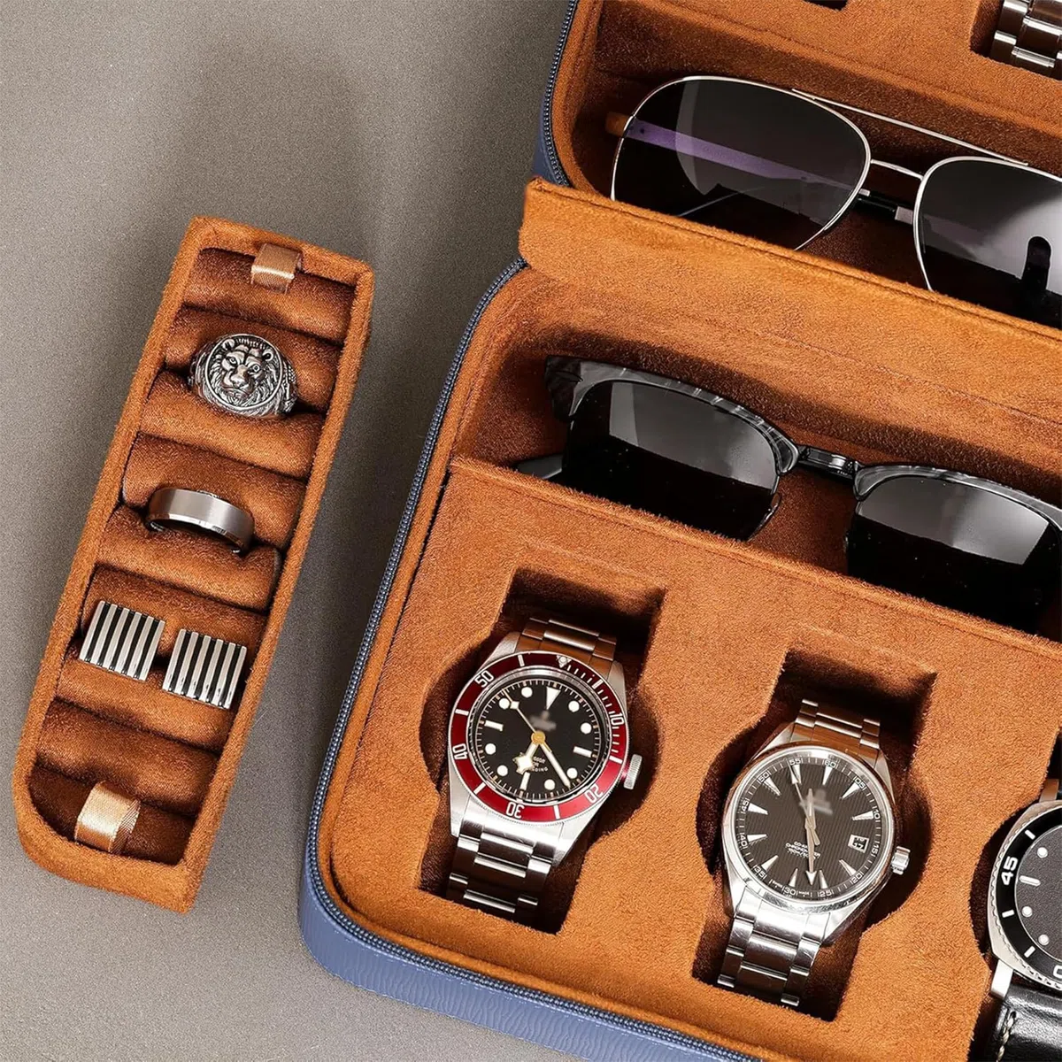 ROTHWELL Estuche organizador de viaje para 8 relojes, 2 pares de gafas de sol, anillos y gemelos, protección portátil resistente con cremallera, se adapta a todos los relojes de pulsera y relojes