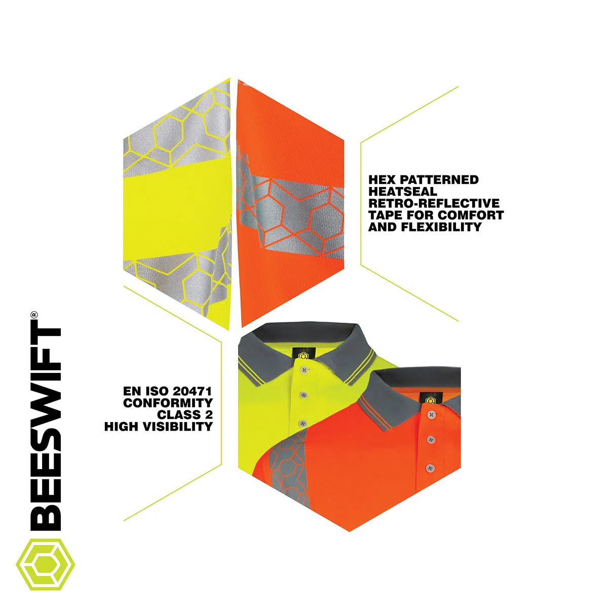Beeswift Envirowear Hi-Vis Short Sleeve Polo Unisex Reflective Sustainable Safety PPE Workwear - Orange/Saturn Yellow - Sizes S-5XL