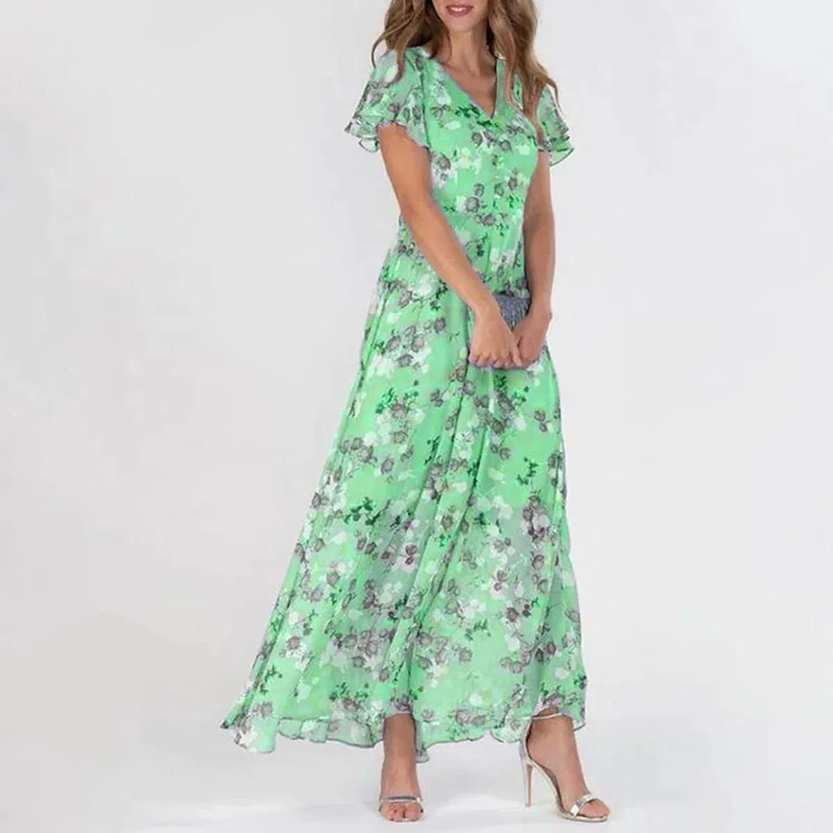 Vestidos de verano para mujer, estilo casual, de gasa, con vuelo, manga corta, con volantes, floral, cita, noche, cuello en V, a la moda, primavera, trabajo, cóctel, elegante, vestidos de verano para