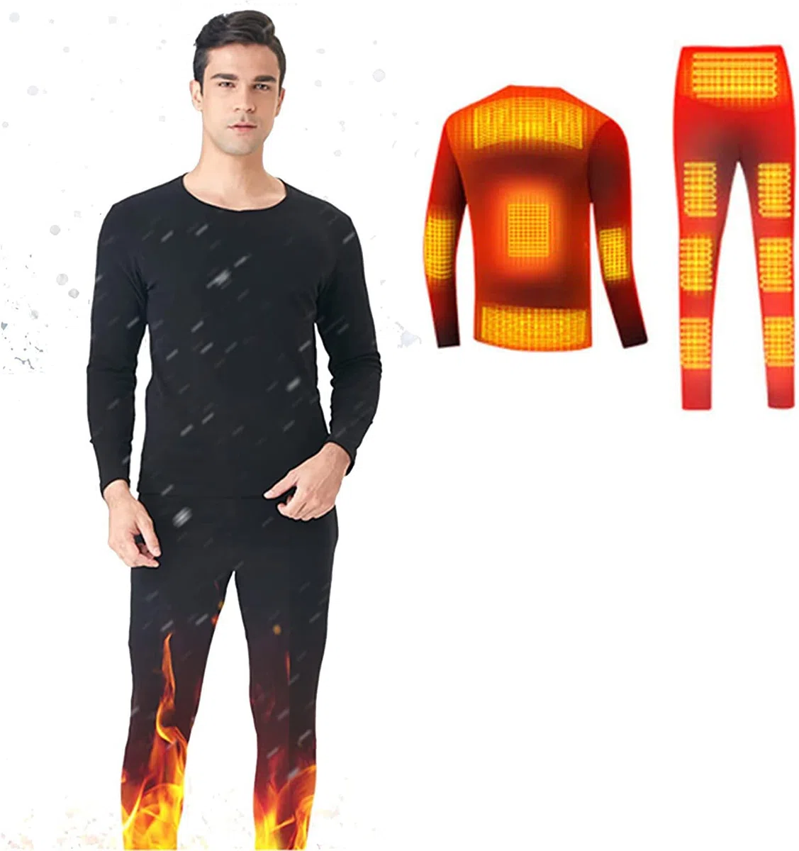 Conjunto de ropa interior térmica para hombres Camisas térmicas de manga larga con calefacción Pantalones Capa base con calefacción eléctrica USB Adecuado para acampar en invierno (Negro XXL) (N