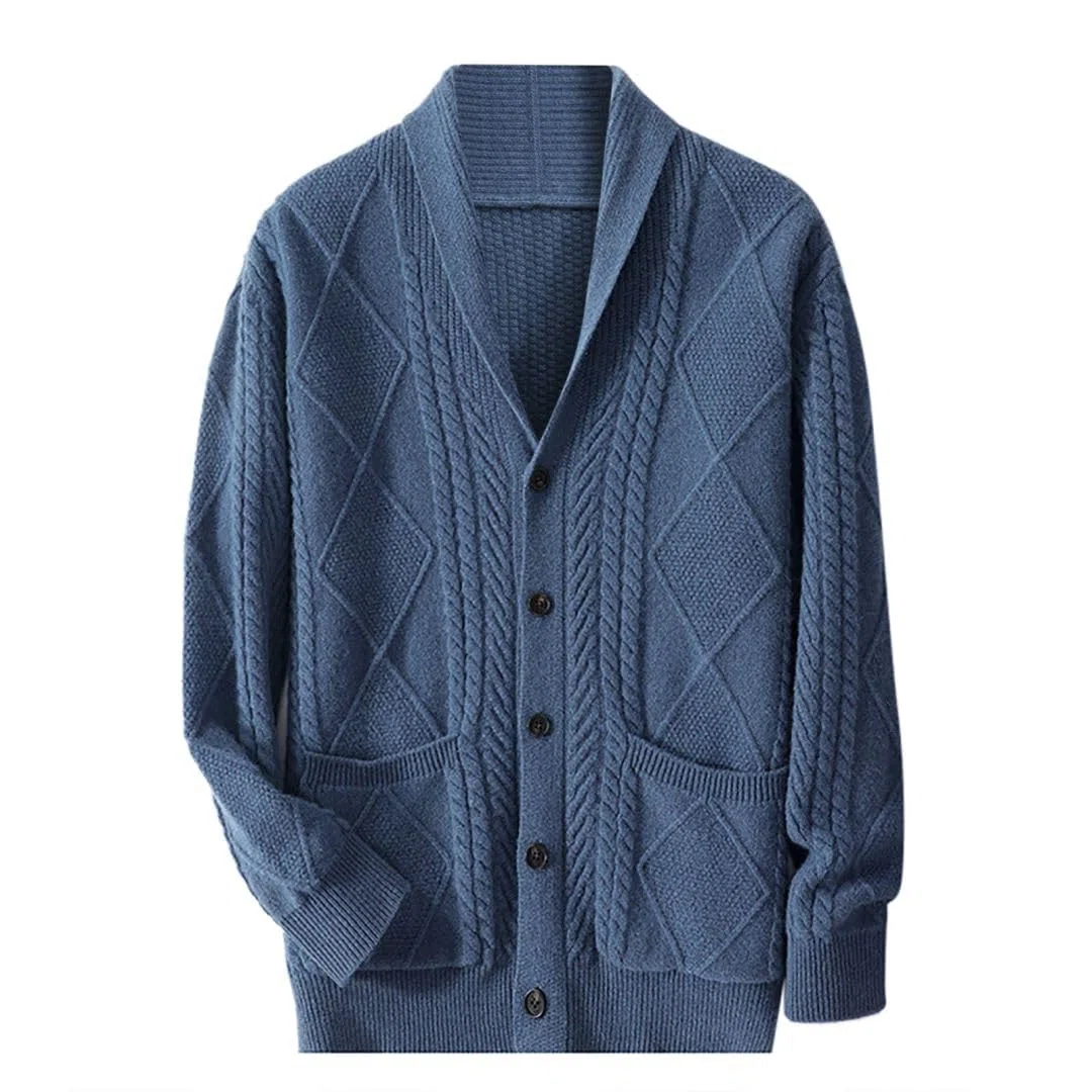 Amazhiyu Cárdigan de punto 100 % lana con cuello de chal y botones para hombre con bolsillos