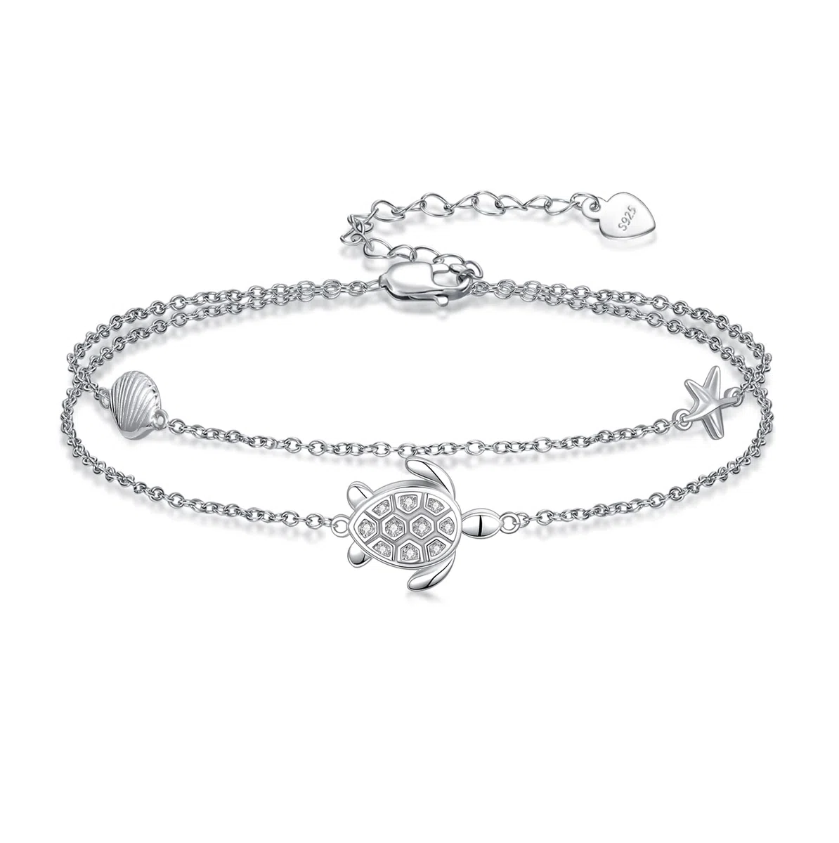 Tobillera con diseño de tortuga marina de diamante para mujer, plata de ley 925, diseño de capas con diamantes de laboratorio, regalo de joyería de cumpleaños