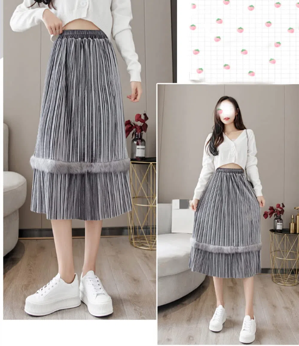 Faldas De Invierno para Mujer, Faldas Plisadas Grises De Terciopelo Dorado para Mujer, Falda Midi De Talle Alto con Cintura Elástica, Falda De Invierno, Faldas