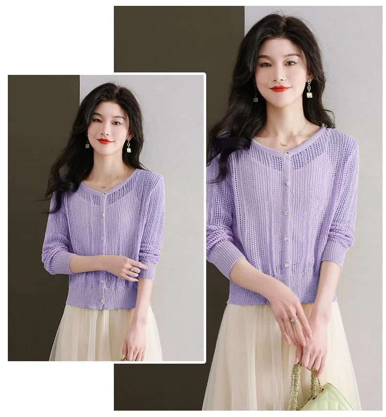 Cardigan Mujer, Cárdigan De Verano para Mujer, Cárdigan De Manga Larga, Blanco, Cuello Redondo, Botones, Crochet Hueco, Chaqueta De Punto Transparente, Abrigo De Primavera Informal, Cort