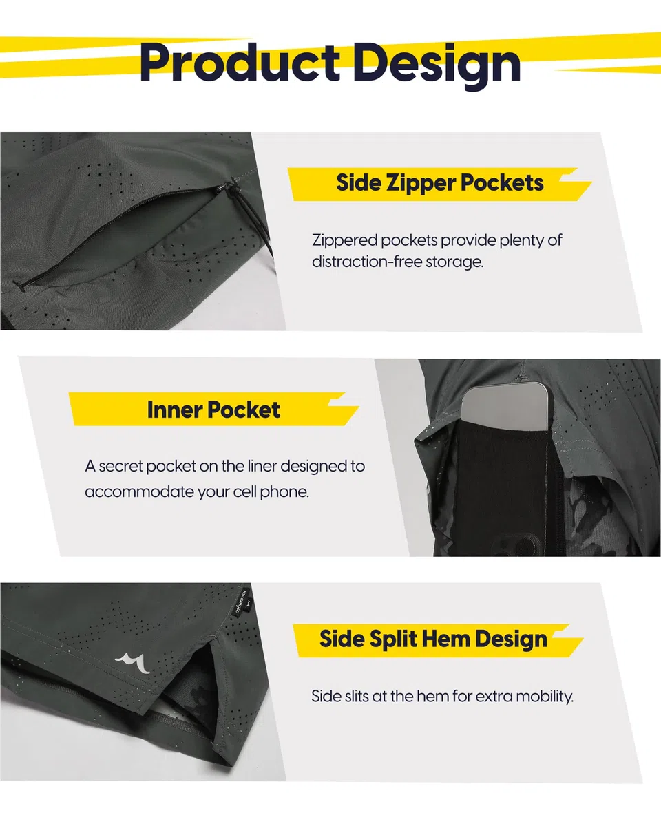 maamgic Pantalones cortos de correr 2 en 1 para hombre de 5 pulgadas con bolsillos con cremallera