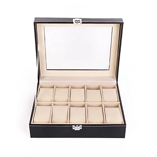 10 rejillas caja de reloj de cuero PU relojes vitrina joyería titular organizador de almacenamiento con cerradura