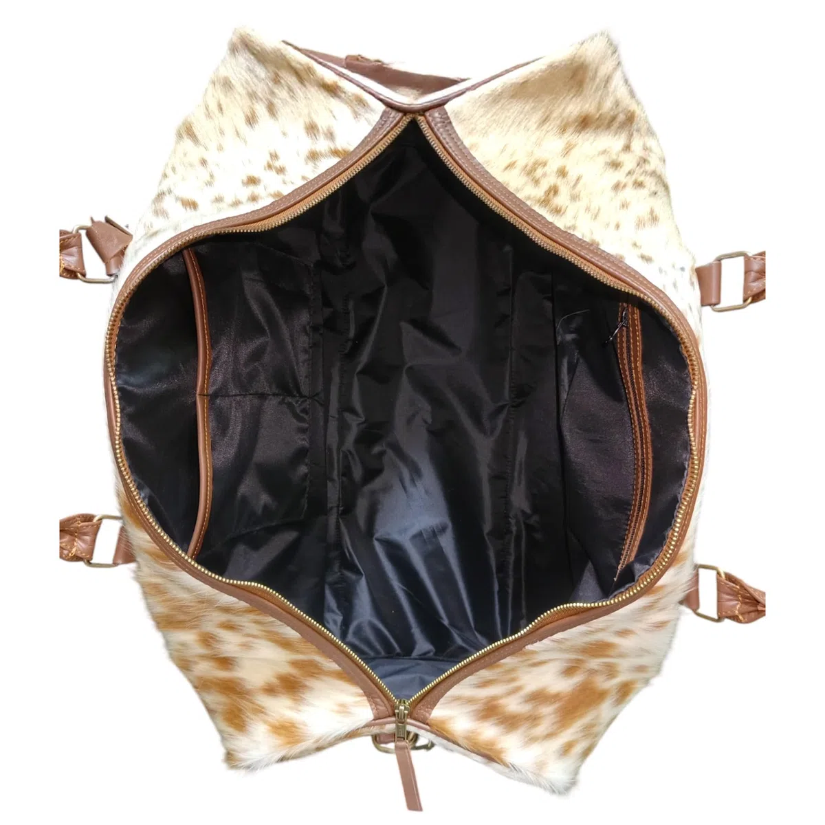 Bolsa de viaje unisex de piel de vacuno auténtica, bolsa de viaje para fin de semana, equipaje de noche de cuero vacuno marrón blanco con correa para el hombro, bolsa de viaje de mano, bolsa de viaje