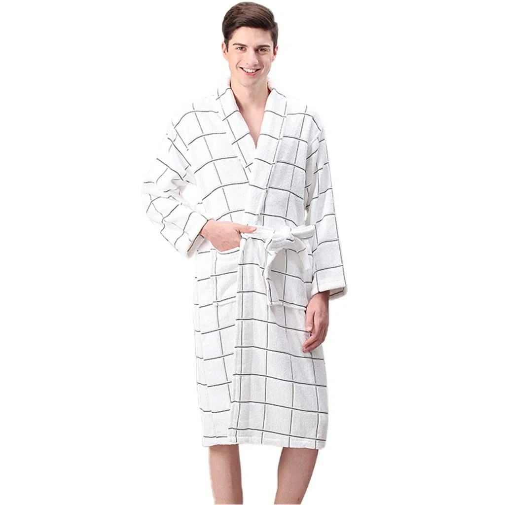 Albornoz De Tela Escocesa De Algodón para Hombre, Albornoz De Tela De Felpa De Punto Ligero para Mujer, Camisón Largo A Juego, Camisón De Pareja, Pijama De Manga Larga con Cuello En V