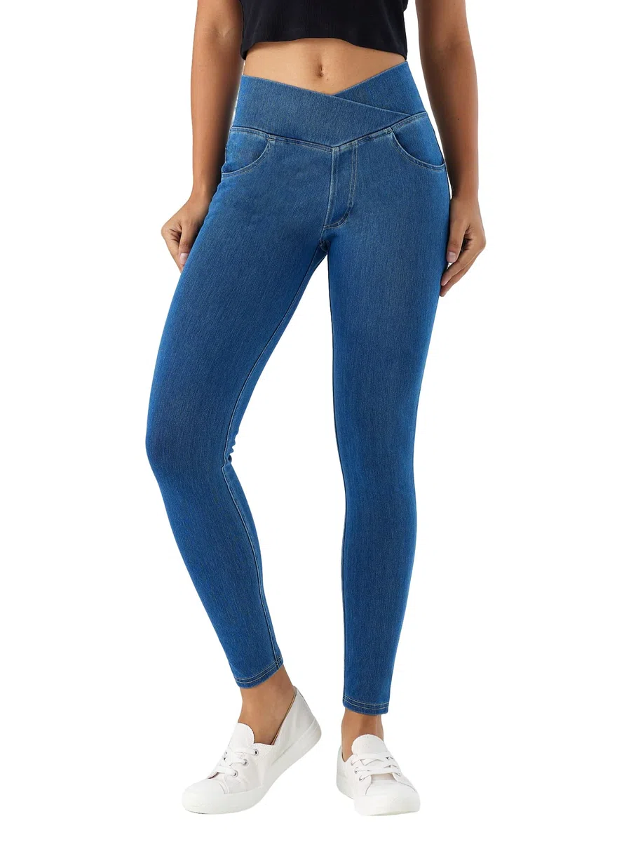 LaiEr V Cruzada de Cintura Mujer Skinny Jeans Alta Barriga Casual Fitness Leggings, Soft Stretch Casual Faux Denim Print Laterales Adecuado para Deportes y Ocio,con Bolsillos