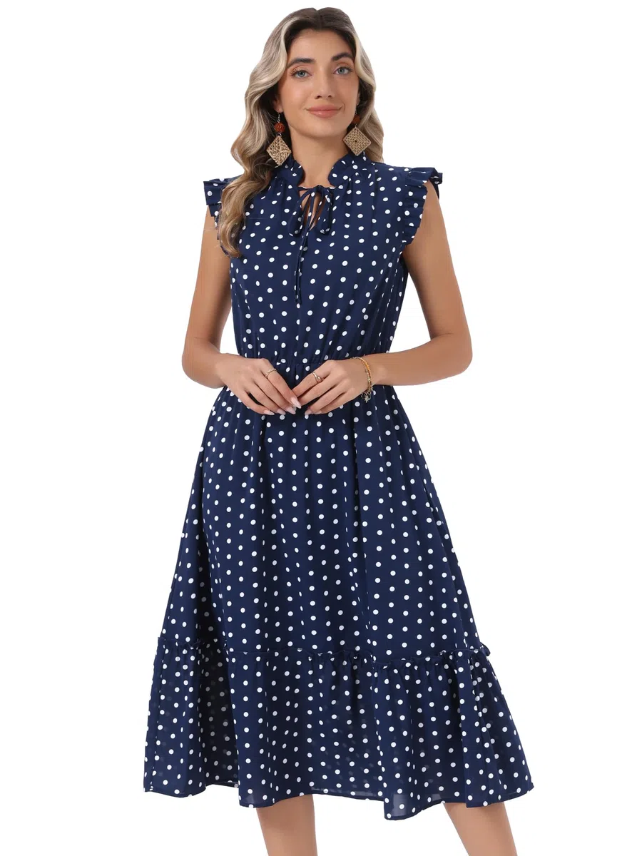 Allegra K Vestido midi de lunares para mujer, cuello anudado, manga con volantes, línea A | Vestidos vintage de los años 50, cintura elástica, fluidos, vestidos casuales de verano con bolsillos laterales