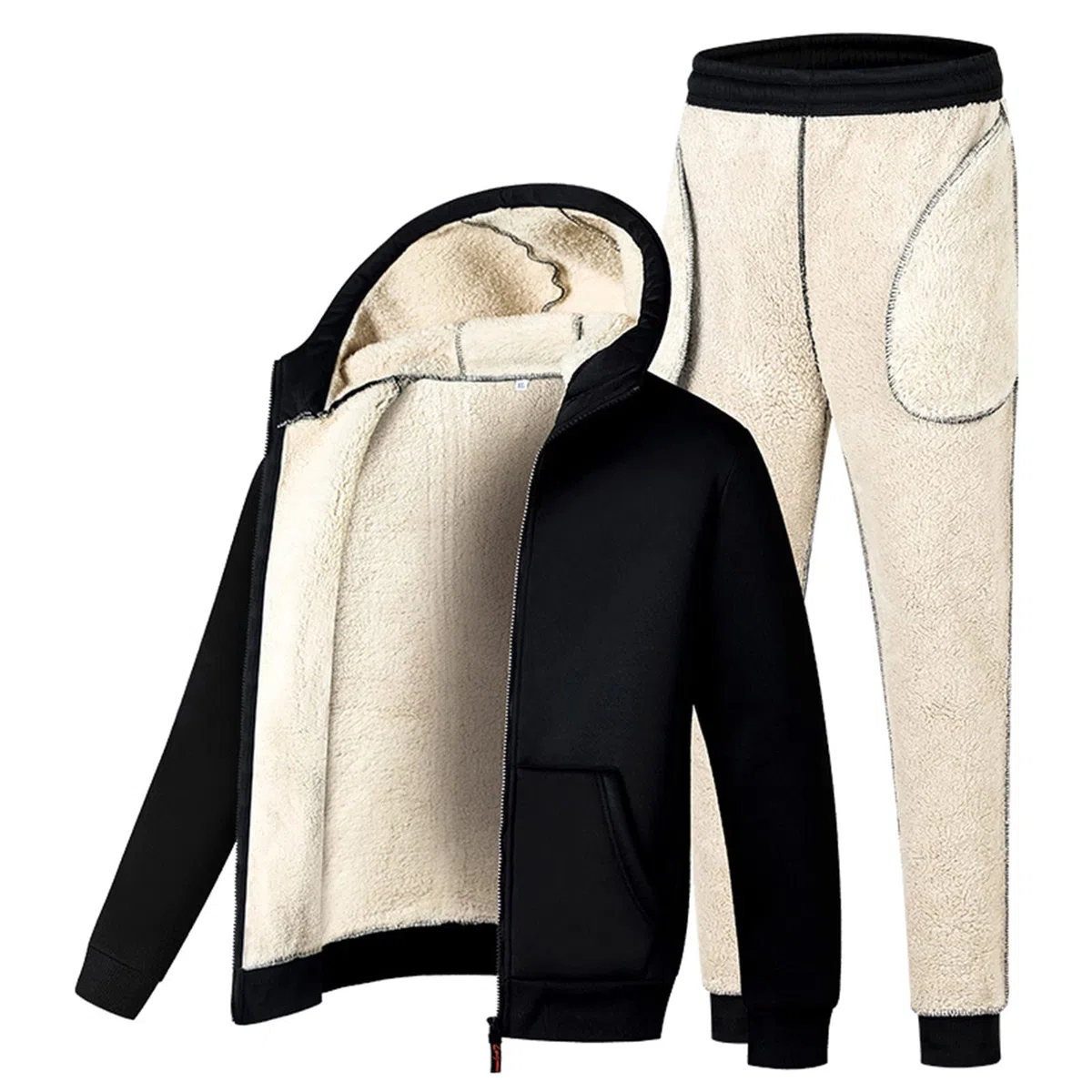 Genérico Hombre casual cálido felpa sólida dos piezas traje cremallera bolsillo sudaderas con capucha abrigo cordón pantalones conjunto