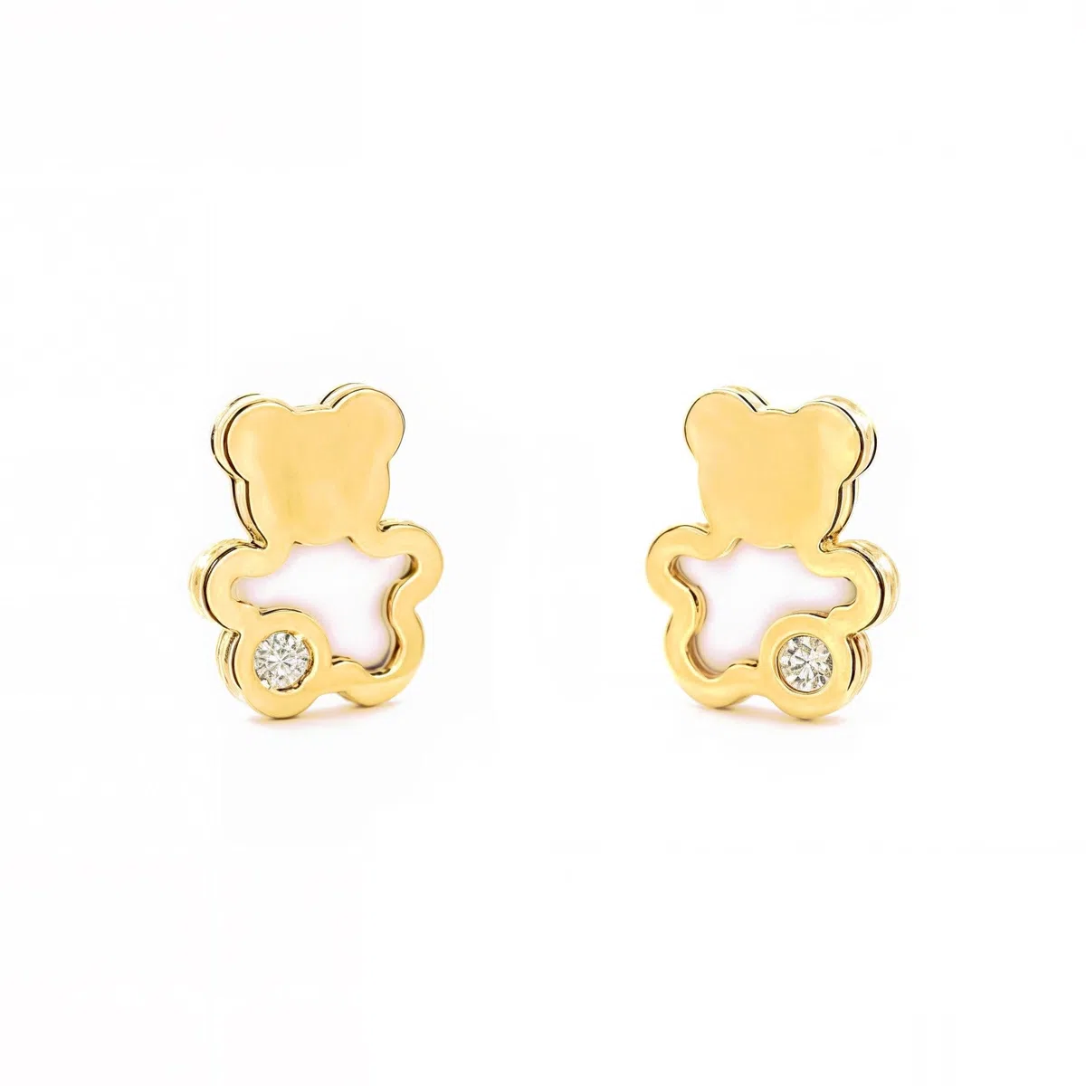 Pendientes Oro Bebe o Niña oso nacar y circón (9kts) - Estuche Regalo - Certificado de Garantía - Mondepetit