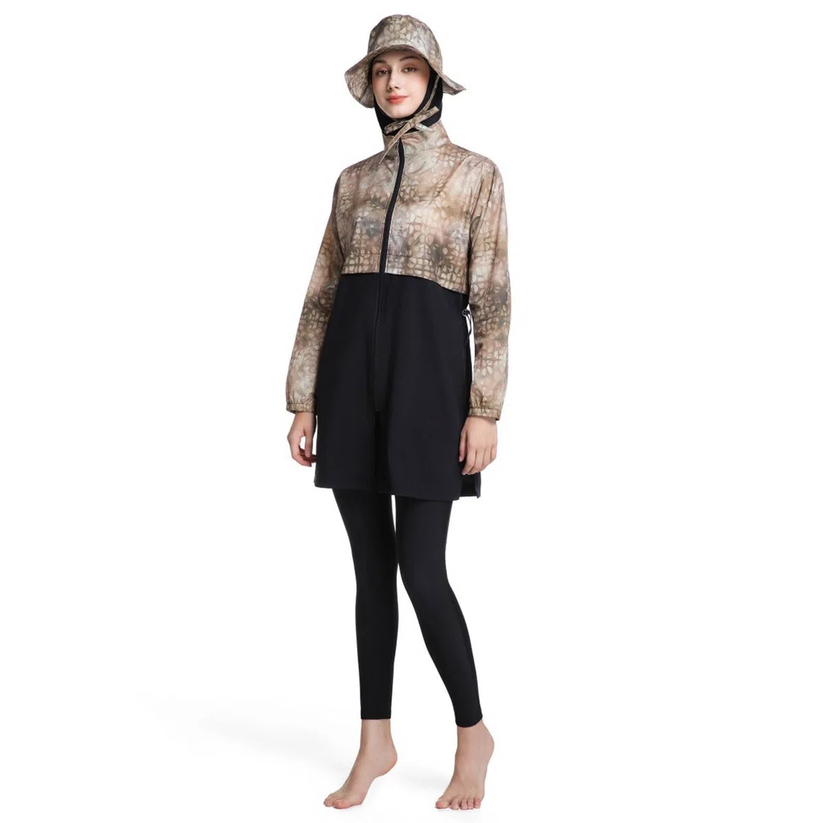 Conjunto de Traje de Baño de Manga Larga con Gorro para Mujer Solar Total Natación Surf Buceo Vacaciones Playa