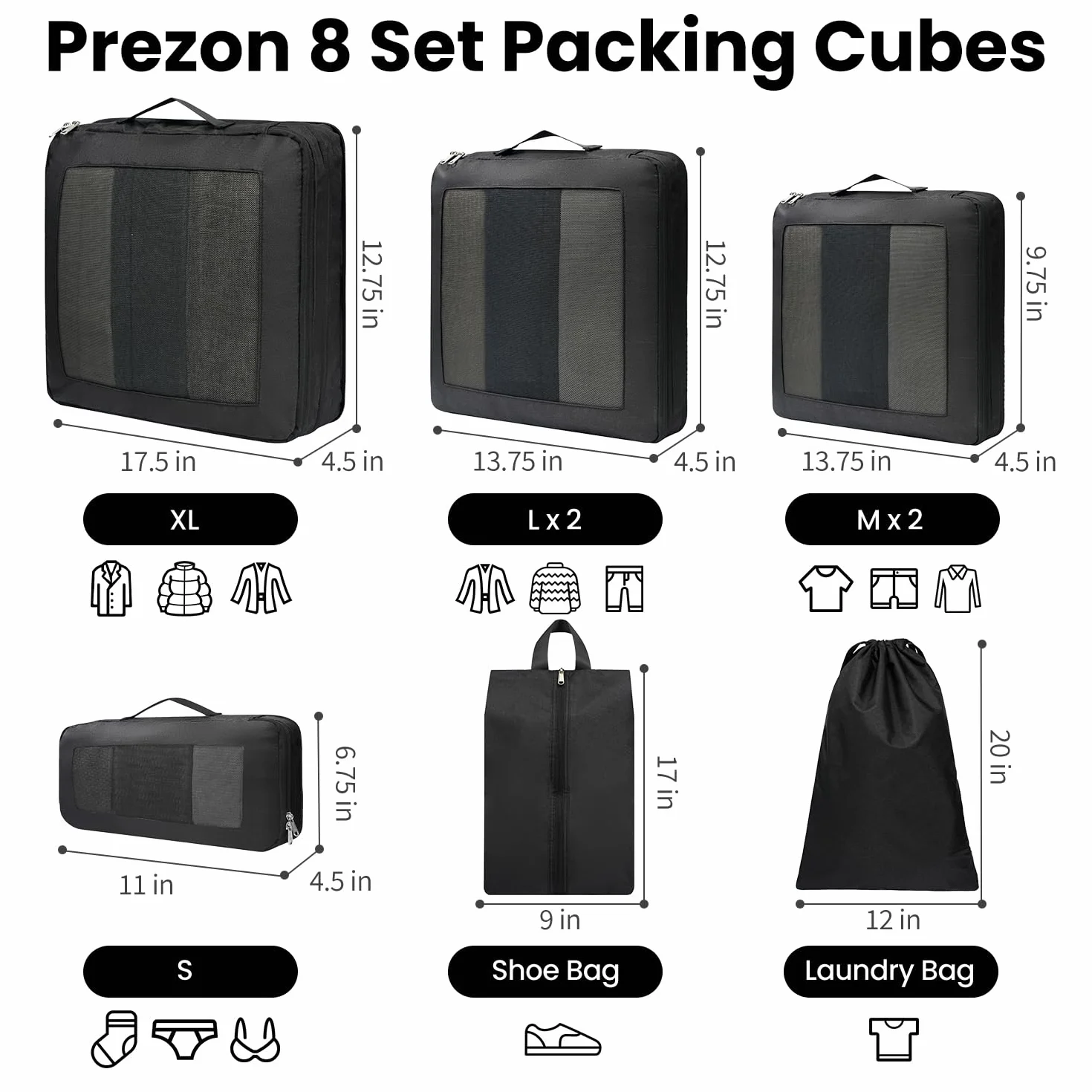 Set de 8 cubos de almacenamiento con compresión extra fuerte, bolsas espaciosas de malla transpirable y nailon, aptas para guardar ropa y zapatos en casa o de viaje, Negro