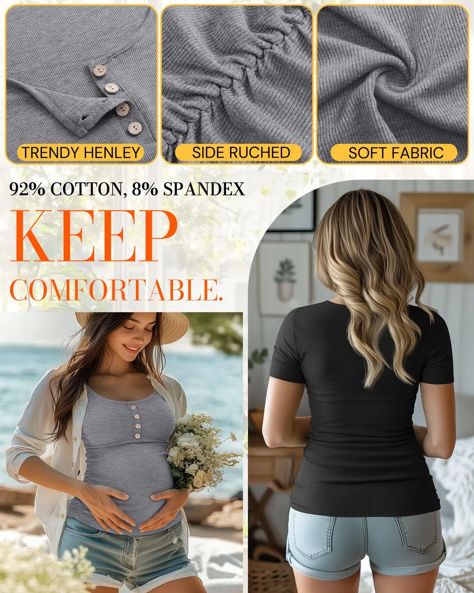 Xuniea Paquete de 4 Camisetas de Maternidad para Mujer, Manga Corta, Algodón Acanalado, Estilo Henley, con Fruncido Lateral