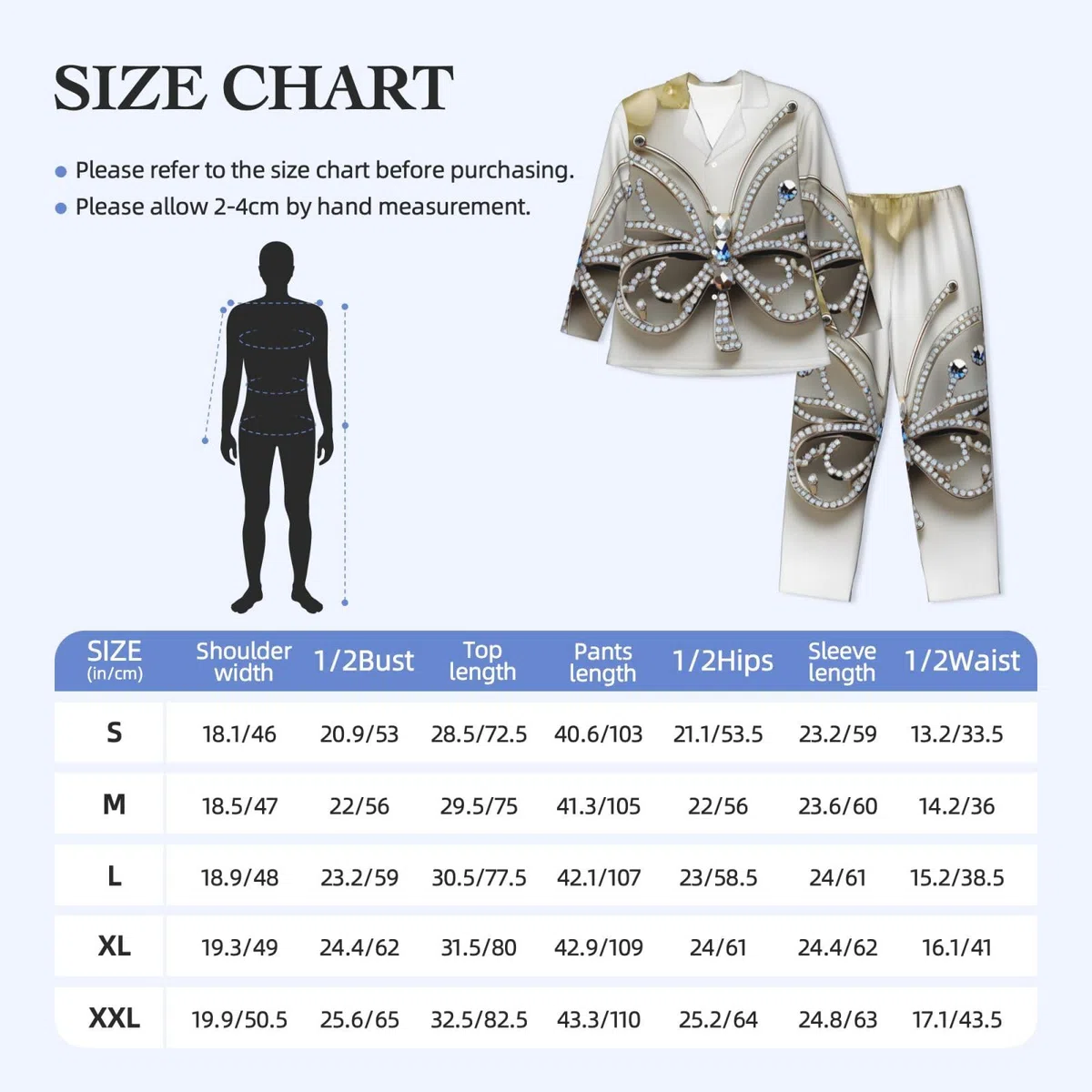 Conjunto de pijama de manga larga para hombre, diseño de mariposa y flores con diamantes de imitación, transpirable, cómodo