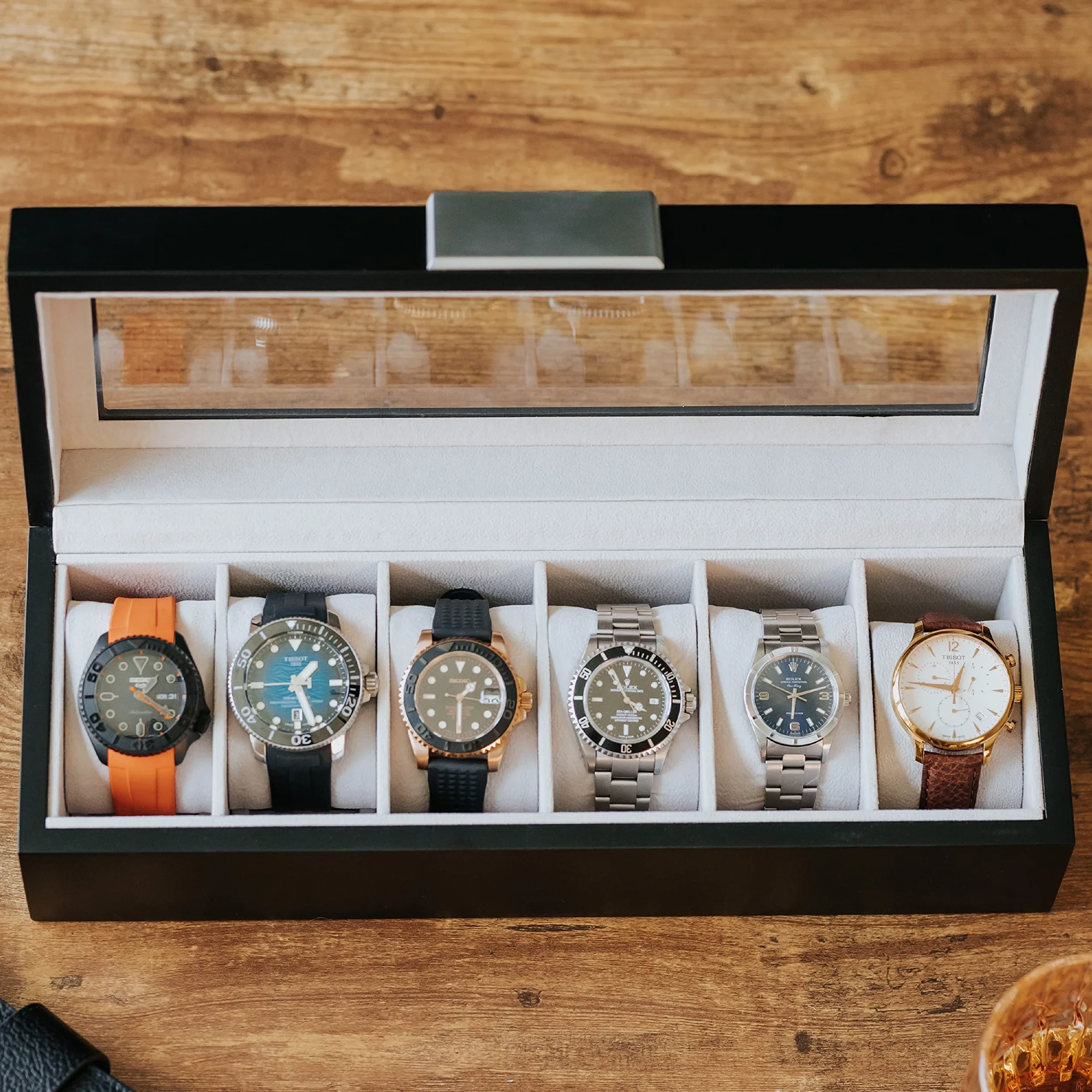 CASE ELEGANCE - Caja de reloj de madera con clip de metal y cristal auténtico, color negro