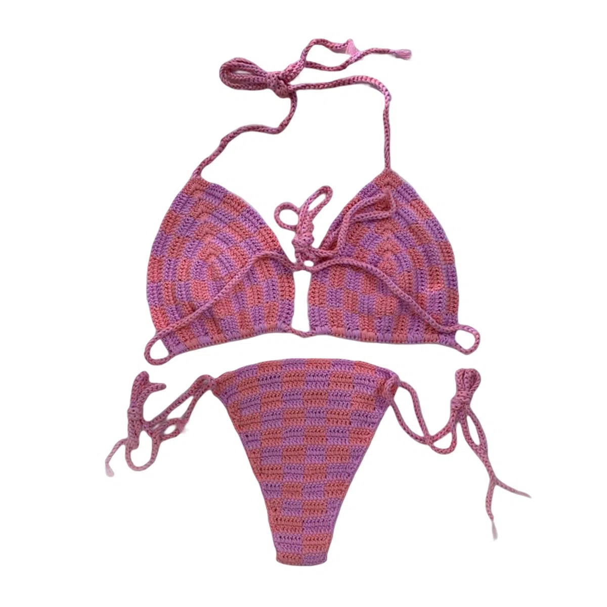 Conjunto De Bikini Rosa Traje De Baño De Copa Ajustable De Ganchillo Hecho A Mano Traje De Baño Sexy De Verano Sin Espalda Dividido Ropa De Playa Lencería