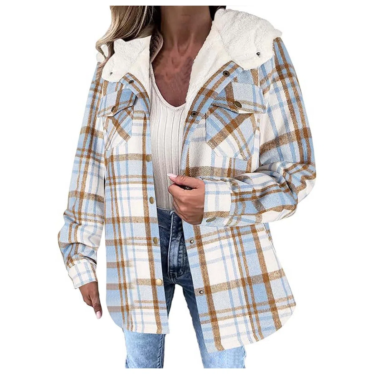 Genérico Chaqueta Polar Mujer,Chaqueta Corta A Cuadros para Mujer De Manga Larga con Botones Forro Polar Y Capucha para Mayor Calidez