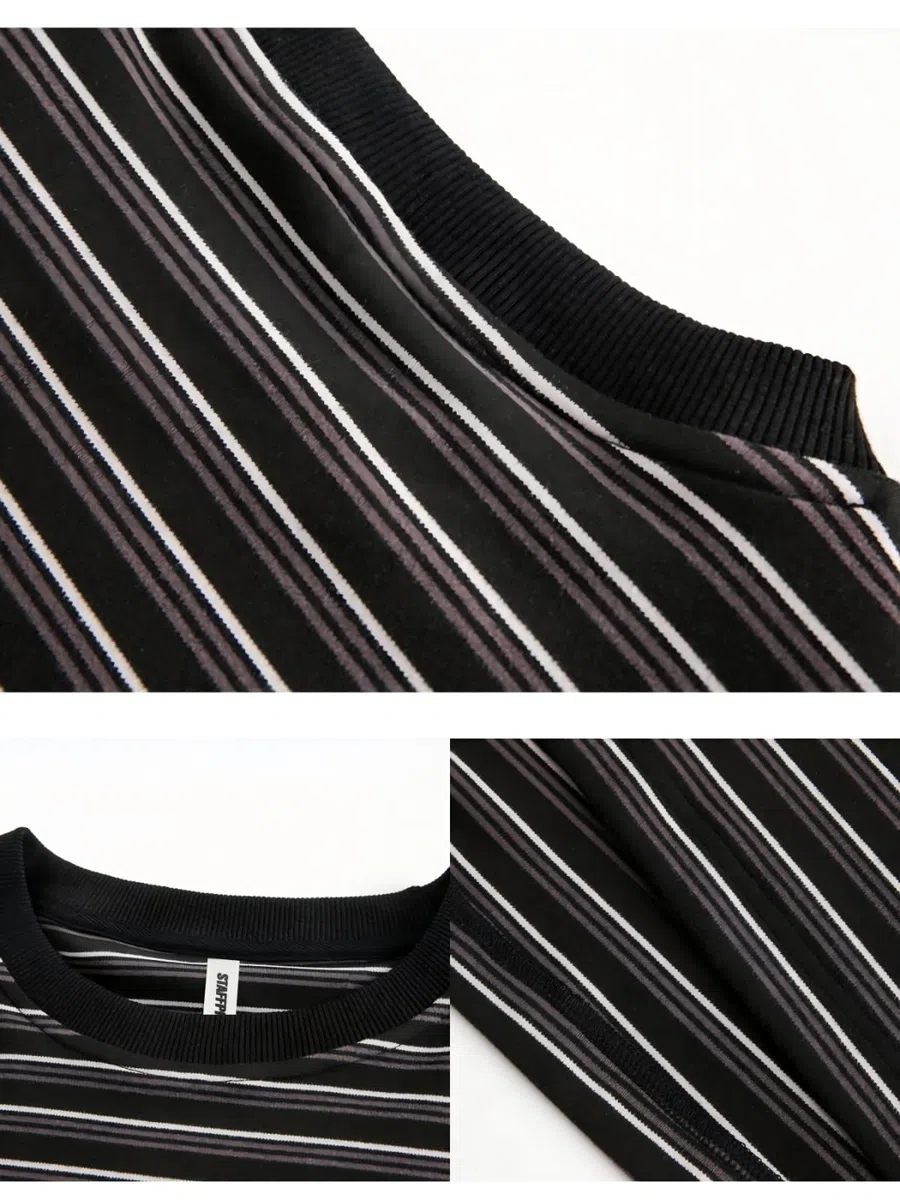 Camiseta Unisex De Algodón Pesado, Camiseta De Manga Corta Informal, Suave Y De Gran Tamaño,Básica,Camiseta A Rayas De Manga Larga, Cuello Redondo Holgado.,Negro,l
