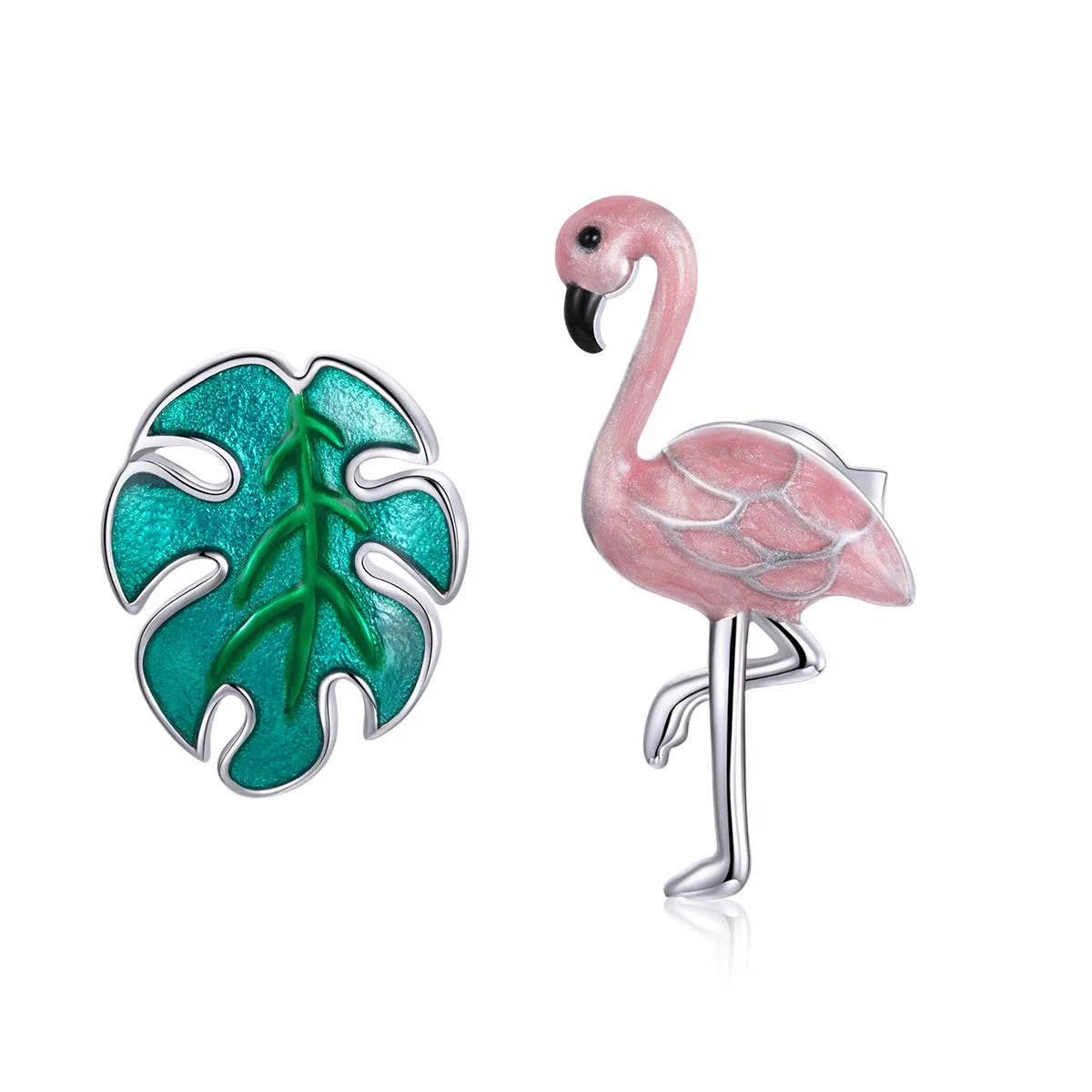 HMJGDHX Pendientes de Plata con diseño de Flamenco y Hoja, Pendientes de Tuerca Frescos de Bosque de Plata de Ley 925 para niñas, joyería de Moda
