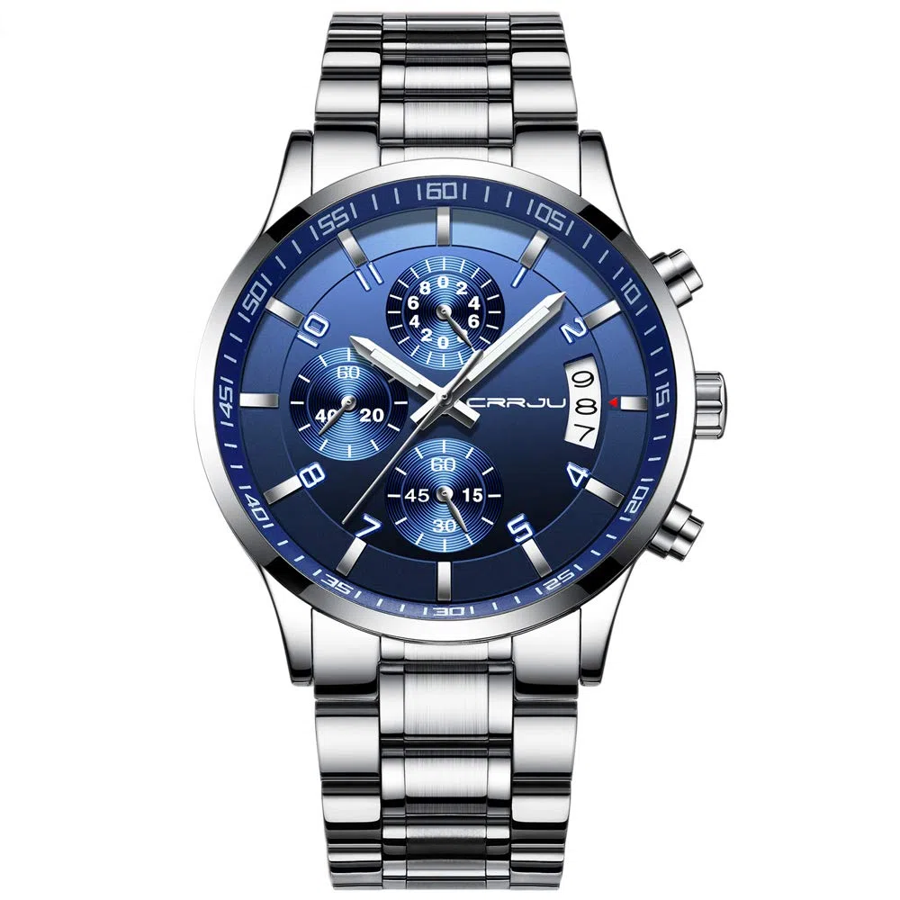 CRRJU Relojes de Pulsera para Hombres Impermeable Moda Analógico Cronómetro para Hombre de Cuarzo con Correa en Acero Inoxidable Negro Multifuncional Deportivos Reloj Regalos (Azul Plateado)